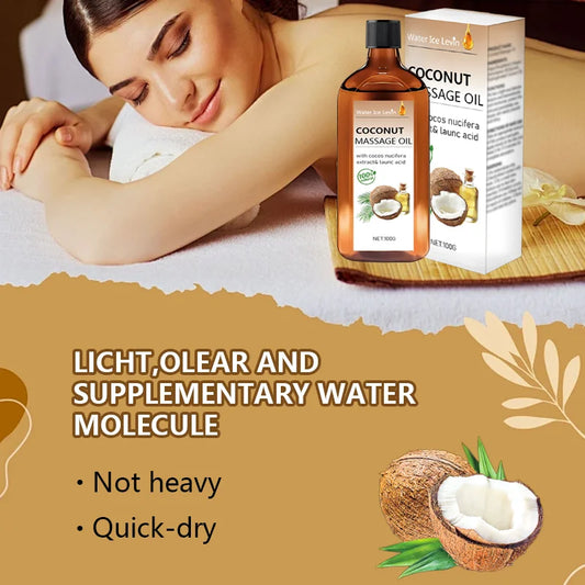 Coconut Massage Oil. Non-Greasy Hydration. Natural Cocos Nucifera Extract. Lauric Acid Moisturizer. Nourishing Fast Absorption.